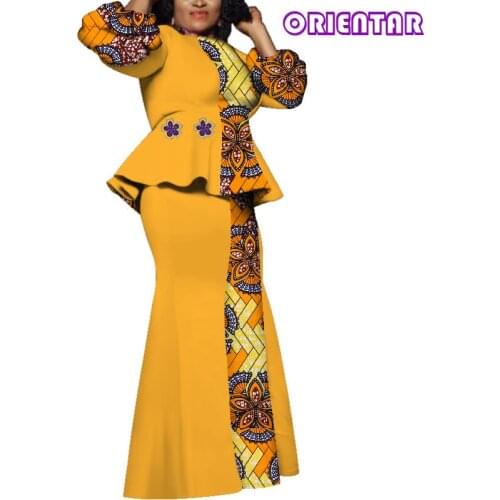 African Attire Women Outfits Tops and Skirts Set African Wax Print Blouse Floor-Length Skirts Set Plus Size 5XL 6XL WY3817