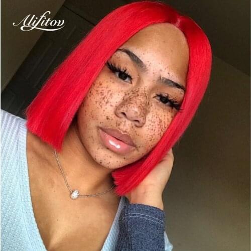 ALIFITOV Red Lace Front Wigs Short Bob Wig Pre-Plucked Remy Hair Human Hair Wigs with Baby Hair For Women