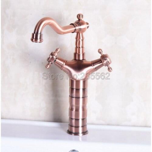 Antique Red Copper 360 Swivel Spout Bathroom Basin Faucet Double Cross Handle Single Hole Tap Deck Mount Lnf128lnf128