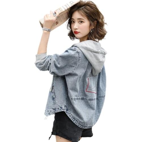 Spring Autumn Women Denim Jacket Fashion Letter Embroidery Hooded Long Sleeve Jeans Coat Woman Casual Loose Zipper Jeans Jacket