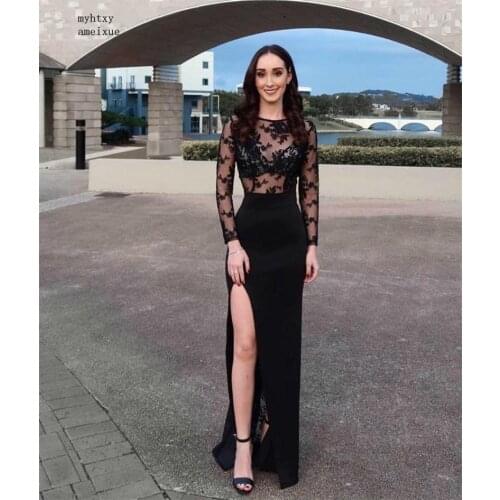 China Sexy See Sheer Black Scoop Long Sleeves Backless Side Slit Lace Evening Dresses Vestidos De Fiesta De Noche Cheap