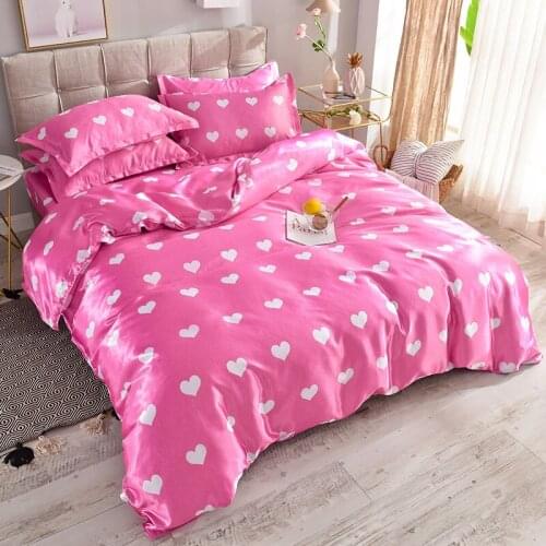 Home Textile Love Pattern Satin Silk Bedding Set Faux Ice Silk Duvet Cover Twin Full Queen King Bed Cover Bed Sheet Pillowcase