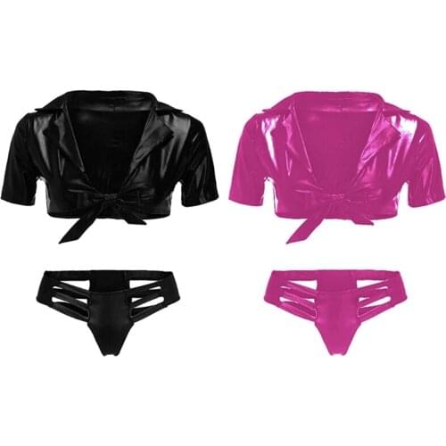 Womens Shiny Faux Patent Leather 2Pcs Lingerie Set Short Sleeve Lapel Crop Top with Sexy Hollow Out Panties Underwear
