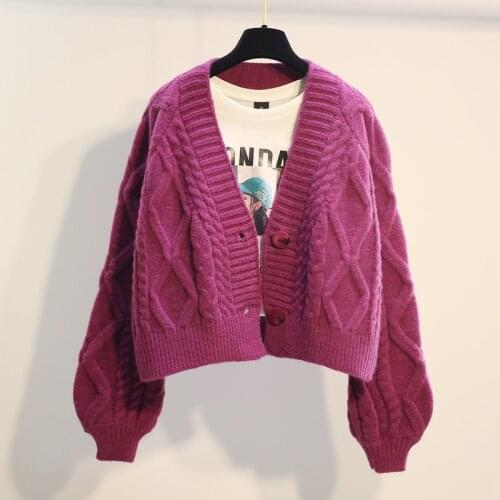 Short Knitted Women Sweater Cardigan Winter 2021 Lantern Sleeved Solid Loose Thicken Warm Female Outwear Coats Tops