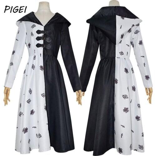 Movie Cruella Costumes Halloween Cruella De Vil Cosplay Black White Maid Dress Gloves Uniforms Wigs Suits for Women Girls