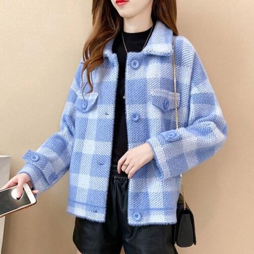 Autumn Spring Plaid Woman Coats Long Sleeve Casual Ladies Jacket with Buttons and Pockets Stand Collar Female Tops for Outwear