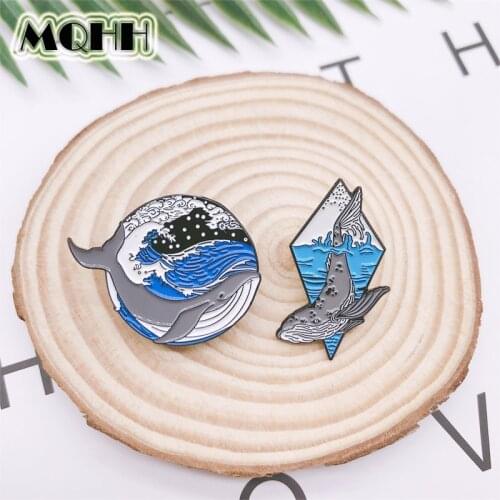Cartoon cute blue ocean creature whale shark dolphin enamel brooch pin badge cowboy clothes bag accessories jewelry gift For kid