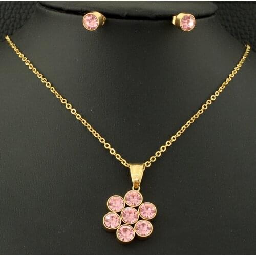 Fashion Stainless Steel Jewelry Gold color Round Ball Pendant Necklace And Stud Earrings Sets For Women Gift SFOLAKIP