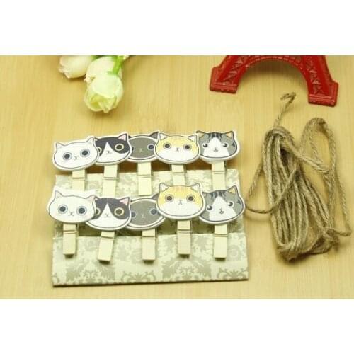 10pack/lot Cute Cat head Nature Wooden DIY Meaasge Clip set with rope Special Gift DIY School Office Binding Supplies