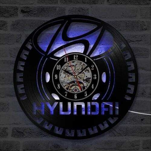Hyundai Car Logo Vinyl Record Wall Clock Round Hollow CD Record Clock Creative Antique Style Home Decor Hanging LED Clock
