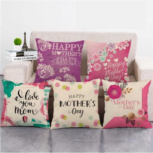 45cm*45cm Happy Mothers Day I Love Mom Flower Wreath Linen/Cotton Throw Pillow Covers Couch Cushion Cover Home Decor Pillowcase