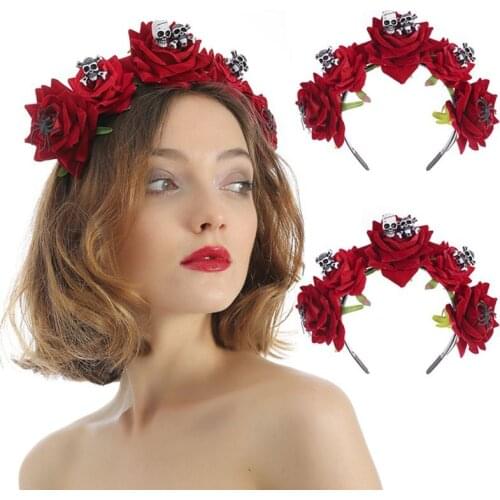 Halloween Day of the Dead Headband Velvet Bloomy Rose Flower Hair Hoop Horror Skull Spider Cosplay Festival Headpiece