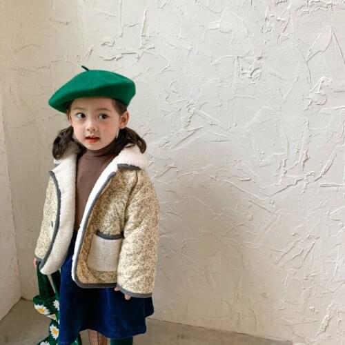 Winter New Arrival korean style cotton thickened inside fur warm flowers printed coat with pockets for cool cute baby girls