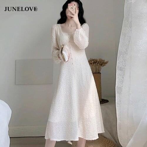 JuneLove Autumn Solid Lantern Sleeve Women Elegant Dress Ladies High Waist Square Collar Dresses Female White A-line Vestidos