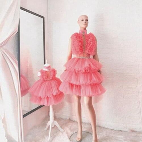 Real Image Mother And Daughter High Neck Mesh Prom Dress Fashion Ruffles Tulle A-line Mom And Kids Gowns To Brithday Party