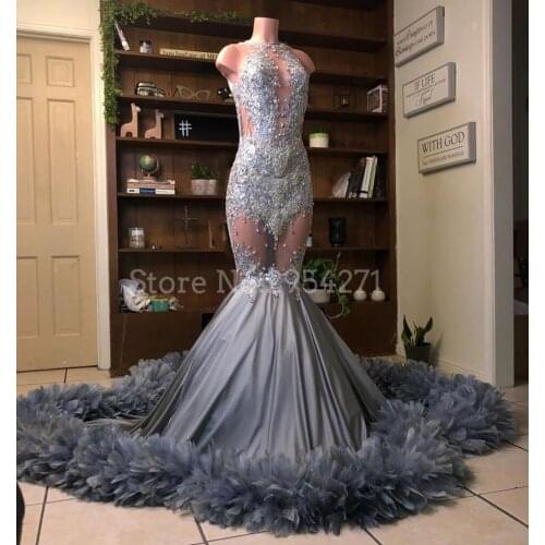 Luxury Long Prom Dresses 2019 Mermaid See Through Sexy Feathers Lace Beads Black Girls Evening Formal Dress African Style