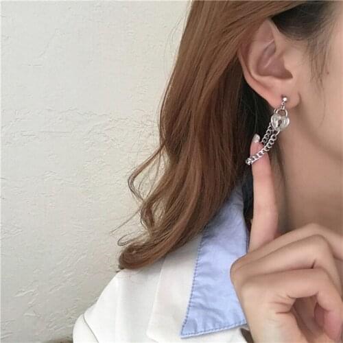 S925 needle love earlock chain cool earrings 2021 new fashion earrings pendant long clip no piercings for women