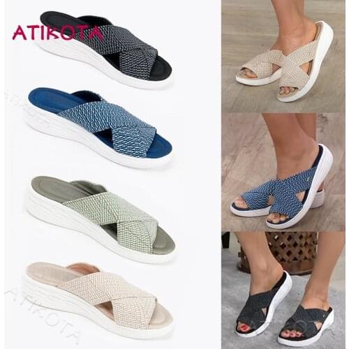 Atikota Women Fashion Comfortable Cross Slippers Soft Sole Wedge Shoes Casual Summer Plus Size Beach Sandals
