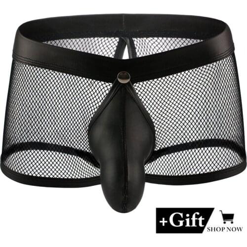 Sexy underwear men Bikini Temptation Erotic panties Mesh breathable hollow transparent patent leather mesh Men Thongs Panties