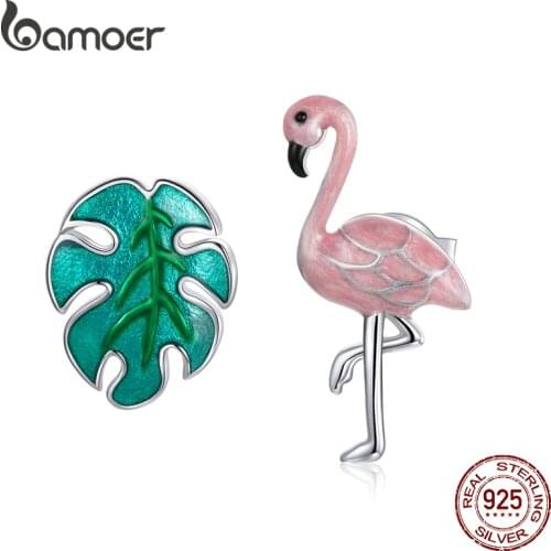Bamoer Silver Flamingo and Leaf Earrings 100% 925 Sterling Silver Forest Fresh Stud Earring for Girl fashion Jewelry SCE1124