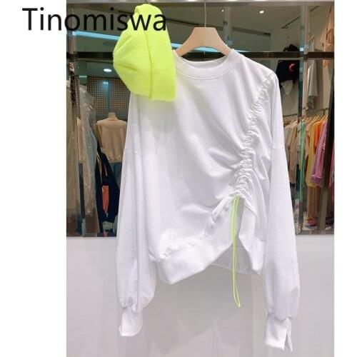 Tinomiswa Korean Style Sweatshirt Women Drawstring Lace Up O Neck Long Sleeve Loose Tshirts Solid Color All-match Ladies Tops