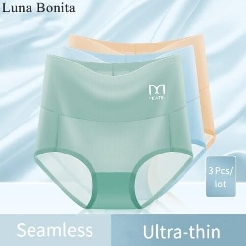 3Pcs/lot Thin Seamless Ice Silk Mid Waist Panties Women Breathable Butt Lifting Underwear Ladies High Waist Briefs Plus Size