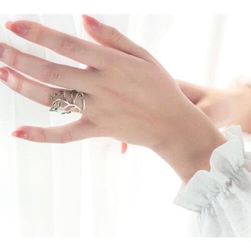 Vintage Real. Fashion 925 Sterling Silver Jewelry Green Branch Tree/ Olive of tree Long Ring Adjustable GTLJ972