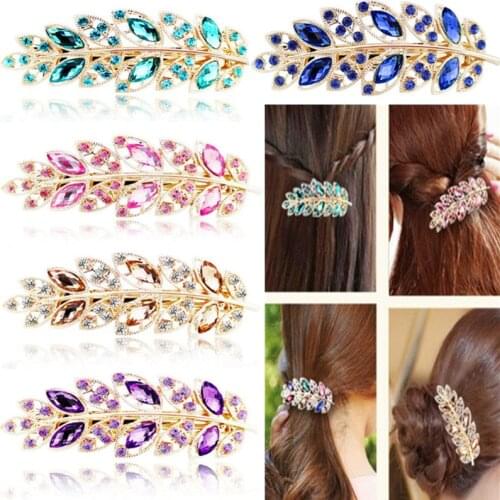 Women Girls Rhinestone Spring Hair Clip Leaf Crystal Fashion Hairpin Horsetail Barrettes Daily Decorating Styling Accessories