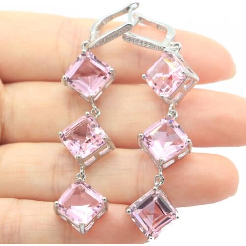 42x15mm Lovely Oval Shape Created Pink Tourmaline Bright Zircon For Ladies Silver Earrings Daily Wear