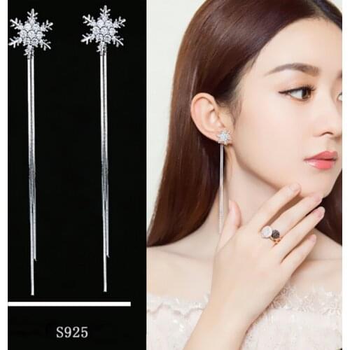 Crystal Snowflower Earrings for Women Fashion Silver Plated Hanging Long Drop Earrings Trend Tassel Jewelry Brincos Bijoux