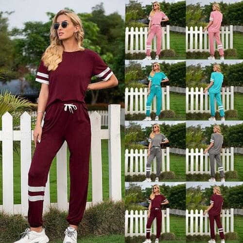 Women Summer Casual Loose 2 Piece Set Drawstring Design Pockets Decor Long Pants+Color Matching O-Neck Short Sleeve T-Shirts