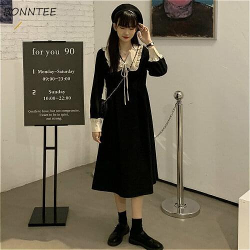 Long Sleeve Dress Women Black All-match College Preppy Patchwork Vintage V-Neck Spring Empire Vestidos Oversized Sweet Ins Midi