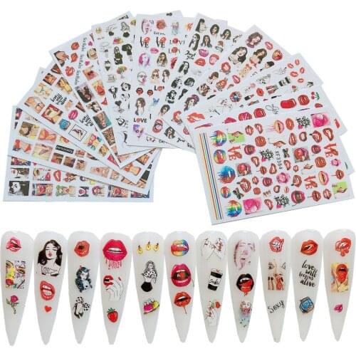 12Pcs/lot Nail Art Sticker 12pcs Valentines Sexy Red Lips Stickers For Nails Adhesive Sliders Cool Lady Stickers,Juyhj-oio76766r