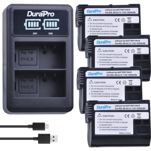 4 x DuraPro EN-EL15 EN EL15 Battery + LCD USB Dual Charger for Nikon D800E D800 D600 D7100 D7000 D7100 V1 MB-D14 Camera battery