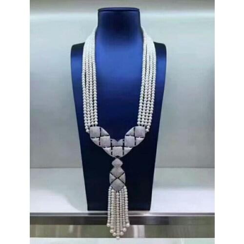 6-7mm White 4Row Freshwater Pearl Necklace Strand Luxury zircon tassel accessories long chain tassel necklace 18inch