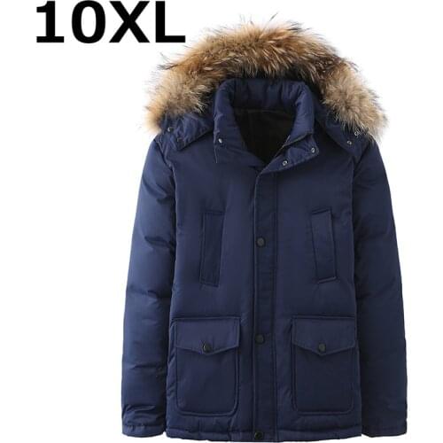 ABOORUN Plus Size 10 XL Mens White Duck Down Jacket Multi Pockets Fur Collar Casual Warm Coat Parka for Male