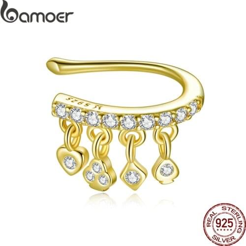 Bamoer 1PC Poker Ear Cuff 925 Sterling Silver Gold Color Ear Clip with Spades Charm Clear CZ Pendientes Jewelry SCE1075