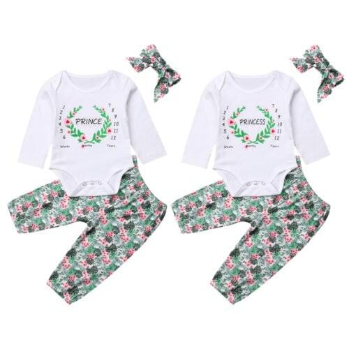 Newborn Baby Girl Boy Princess and prince Long Sleeve Bodysuit Floral Pants Headband Outfits Sets Clothes Size 0-3T