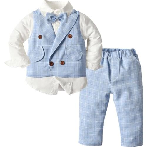 Toddler Clothes for Baby Boys Fashion Outfits Sky Blue Vest Pants with Shirt 4 PCS/Set Infant Kids Fall Outerwear Set 1-7 Years