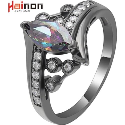 Hainon Luxury Vintage Black Gold Rainbow Zircon Oval Rings For Women Wedding Jewelry Charm Finger Rings Zircon Hot Gifts Rings