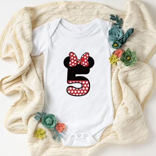 Minnie Mouse Disney Cartoon Baby Girl Rompers Newborn Summer Short Sleeve White Numbers 56789 Baby Bodysuit Jumpsuits Clothing