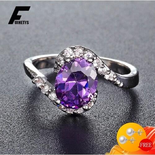 BaliJelry Ring Silver 925 Jewelry Oval Shape Amethyst Zircon Gemstones Finger Rings Accessories for Women Wedding Engagement