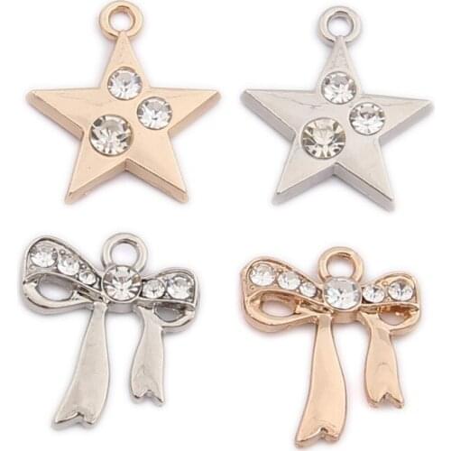 Newest 50pcs/Lot Gold Silver Tone Alloy Crystal Rhinestone Paved Alloy Charms Kawaii Star Ribbon Knot Bow Earring DIY Pendants