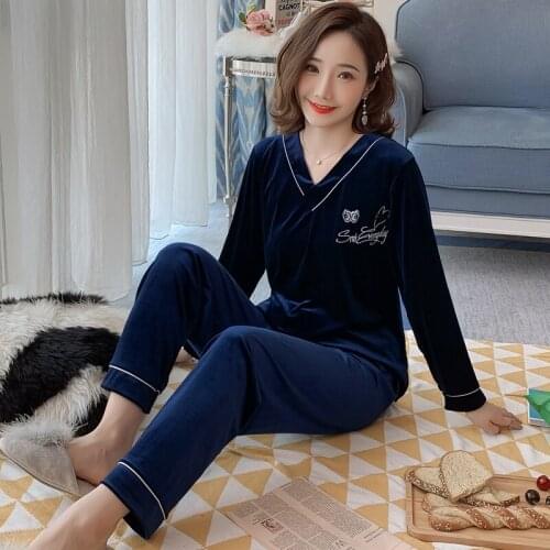 2021 Autumn Winter Long Sleeve Sexy V-neck Gold Velvet Pajama Sets for Women Sleepwear Suit Pyjama Homewear Pijama Mujer Clothes