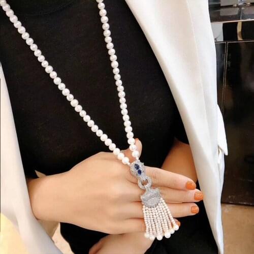 Freshwater pearl near round necklace 8-9mm leopard clasp tassel necklace nature beads for women gift 80cm