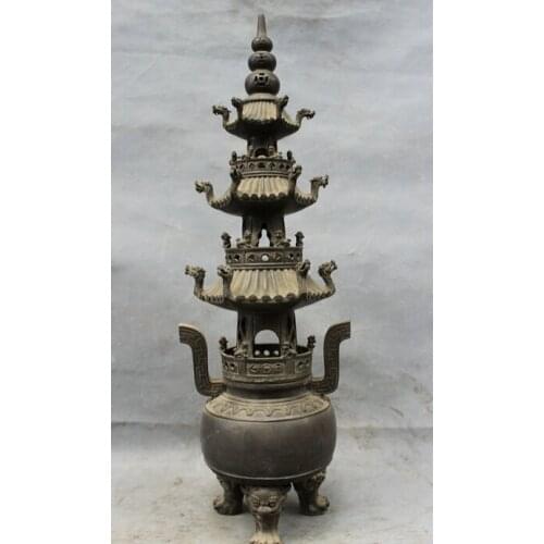 Song voge gem S2620 20" Tibet Pure Bronze Copper Lion Dragon Head Statue Stupa Incense Burner Censer
