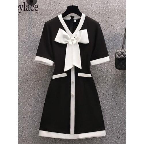 Plus Size Women Sweet Korean Dress Summer 2021 White Bowknot V-Neck Patchwork Black Short Sleeve Diamond Buttons Ladies Dresses