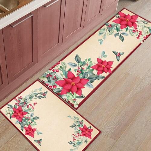 Christmas Flower Poinsettia Retro Kitchen Mat Entrance Doormat Christmas Home Decor Living Room Carpet Bathroom Anti-slip Rug