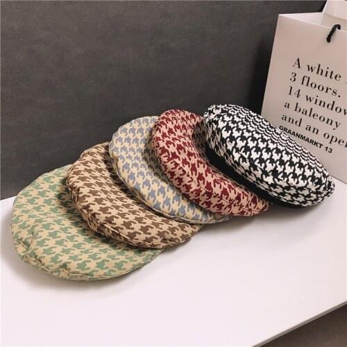 Ins Plaid Beret Hat Autumn and Winter Wild Japanese Octagonal Hat British Retro Painter Hat Womens Hat