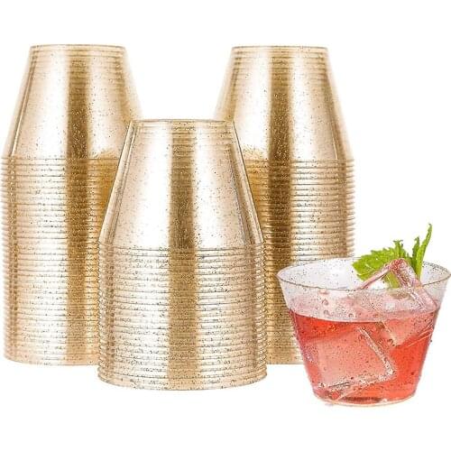 Golden Plastic Cup Disposable Water Cups Golden Powder 9OZ Juice Cup Dessert Cup set Mousse Cup Wedding Tableware Xmas 25-100pcs